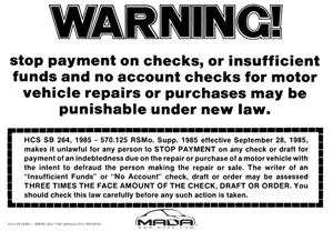 M22  STOP PAYMENT CHECK WARNING SIGN